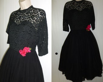 Retro 1950s Dress-Vintage Black Lace Formal Party Frock Dress~Full Chiffon Skirt