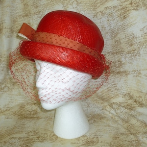 Cute Red Straw Hat Antique Vintage hat with Netting 1950s 1960s