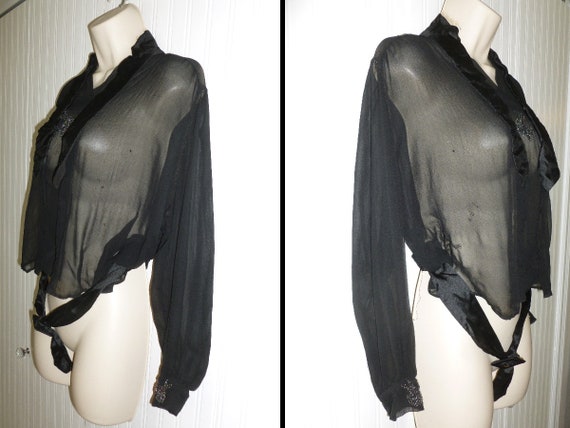 Antique Blouse Satin & Silk Chiffon Vintage Hand … - image 9