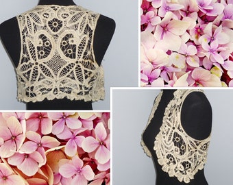 Antique Silk Battenburg Tape Lace Vest Shawl-Capelet-Victorian Lace Collar-Vintage Handmade