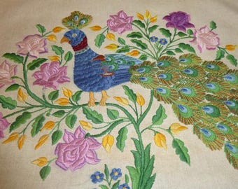 Antikes romantisches Pfau Motiv Kissenbezug Vintage französisches Boudoir Hand besticktes Kissen