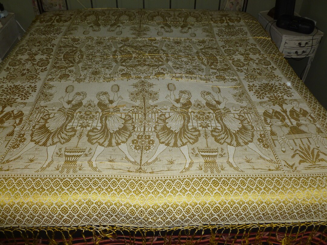 Antique ITALIAN Bedspread Vintage Coverlet Woven Satin Rayon and Cotton