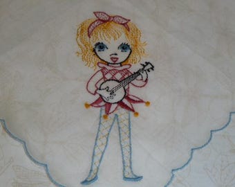 NOS Vintage Minstrel Girl Hanky Big Eyed Hand Embroidered Burmel Handkerchief UNUSED