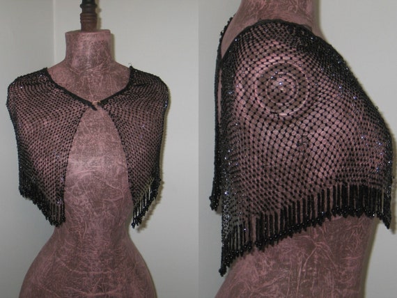 Antique Beaded c1800s Capelet -Black Victorian Co… - image 1