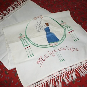 Antique Art Deco Towel Norwegian Mother Baby Splasher Hand Embroidery Norway Homestead