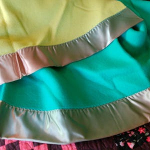 Vintage Wool Blanket Green Yellow Satin Binding cottage shabby chic