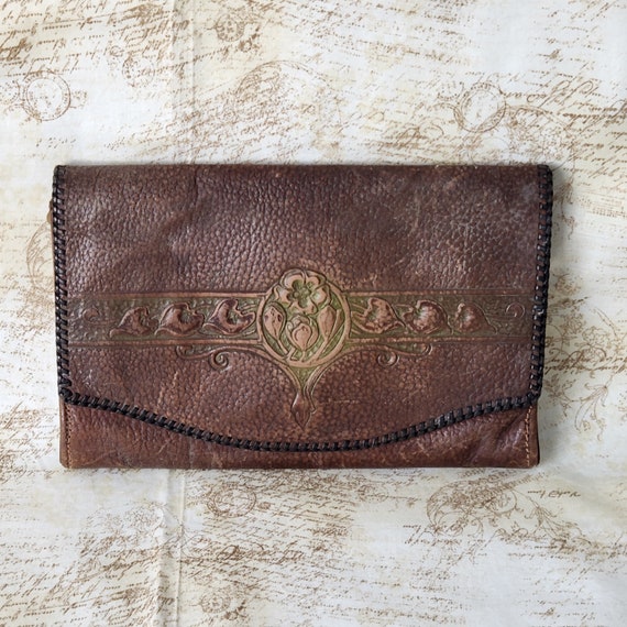 Antique Art Nouveau Envelope Purse Tooled Leather… - image 3
