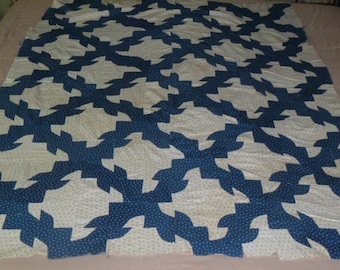 Antique 1800s Drunkards Path Quilt Top Blue White Vintage Quilt Folk Art