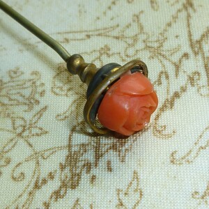 Antique HATPIN ART DECO carved coral 7 1/2 in Long-Antique Vintage Jewelry image 3