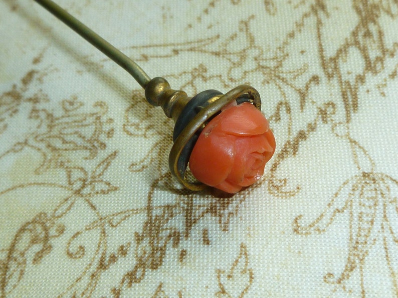 Antique HATPIN ART DECO carved coral 7 1/2 in Long-Antique Vintage Jewelry image 3