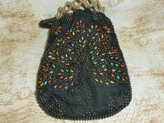 Unique ANTIQUE Beaded Purse Handbag Peacock Iride… - image 9