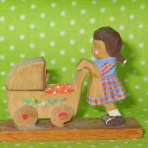 Cute Vintage Original ERZGEBIRGE Girl with Baby Carriage Made In GERMAN Republic Carved & Painted Wooden Folk Art