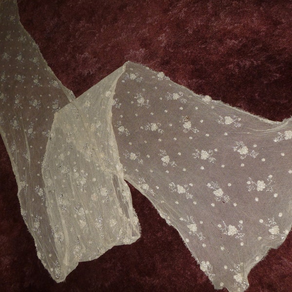 ANTIQUE Beaded LACE SHAWL 1900s Handmade Embroidered Net Lace Fabric Shawl Mantilla Veil-Scarf 132" x 16"