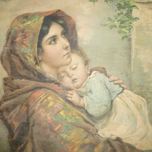 Antique Tapestry Chromolithograph Picture On Linen Canvas, Mother Child, Madonna Pillow Top Cover, 1910 Artwork