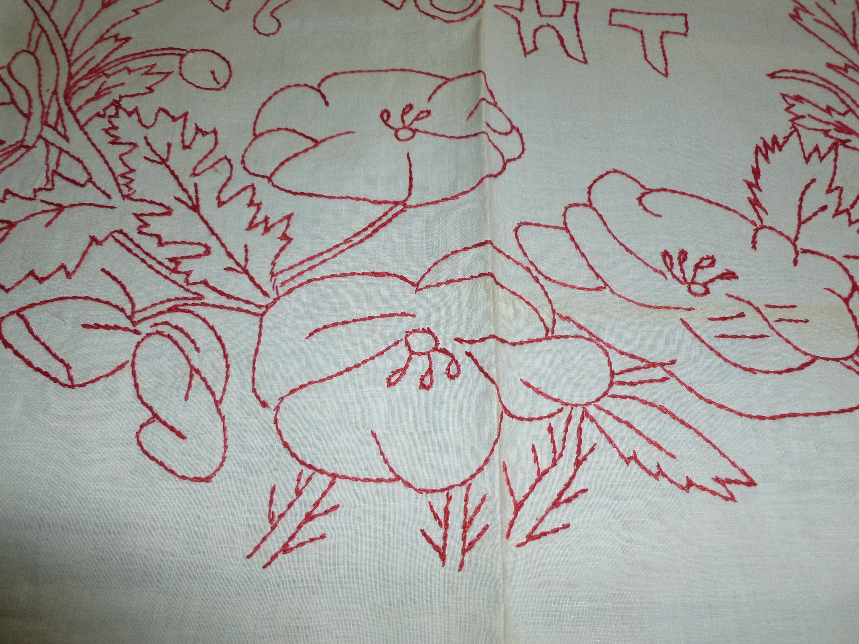 Pair Antique Victorian Layover Shams Red Work Hand Embroidery