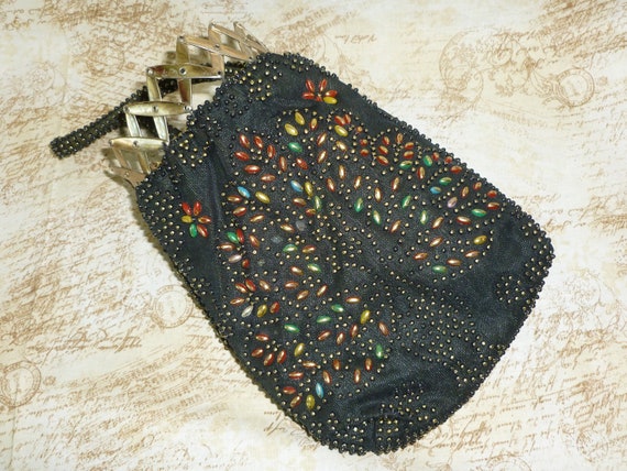 Unique ANTIQUE Beaded Purse Handbag Peacock Iride… - image 7