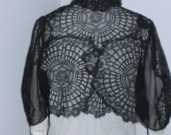 Devine Antique Chantilly Lace Blouse Bolero Jacket French Lace Victorian Vintage Black Lace