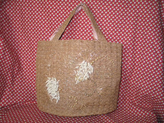 Vintage Crochet Jute Purse Handbag / 1960s 1970s … - image 1