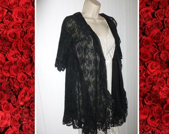 Sexy Lace Robe by RADCLIFFE Vintage 1960s Black Sheer Nylon & Lace SIZE MEDIUM