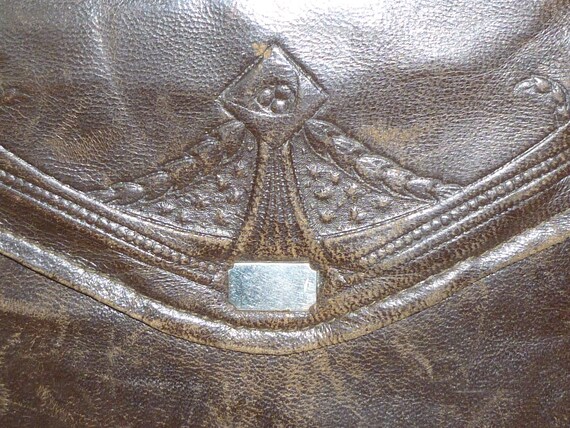 Antique Edwardian Purse Tooled Leather Handbag-Ar… - image 3