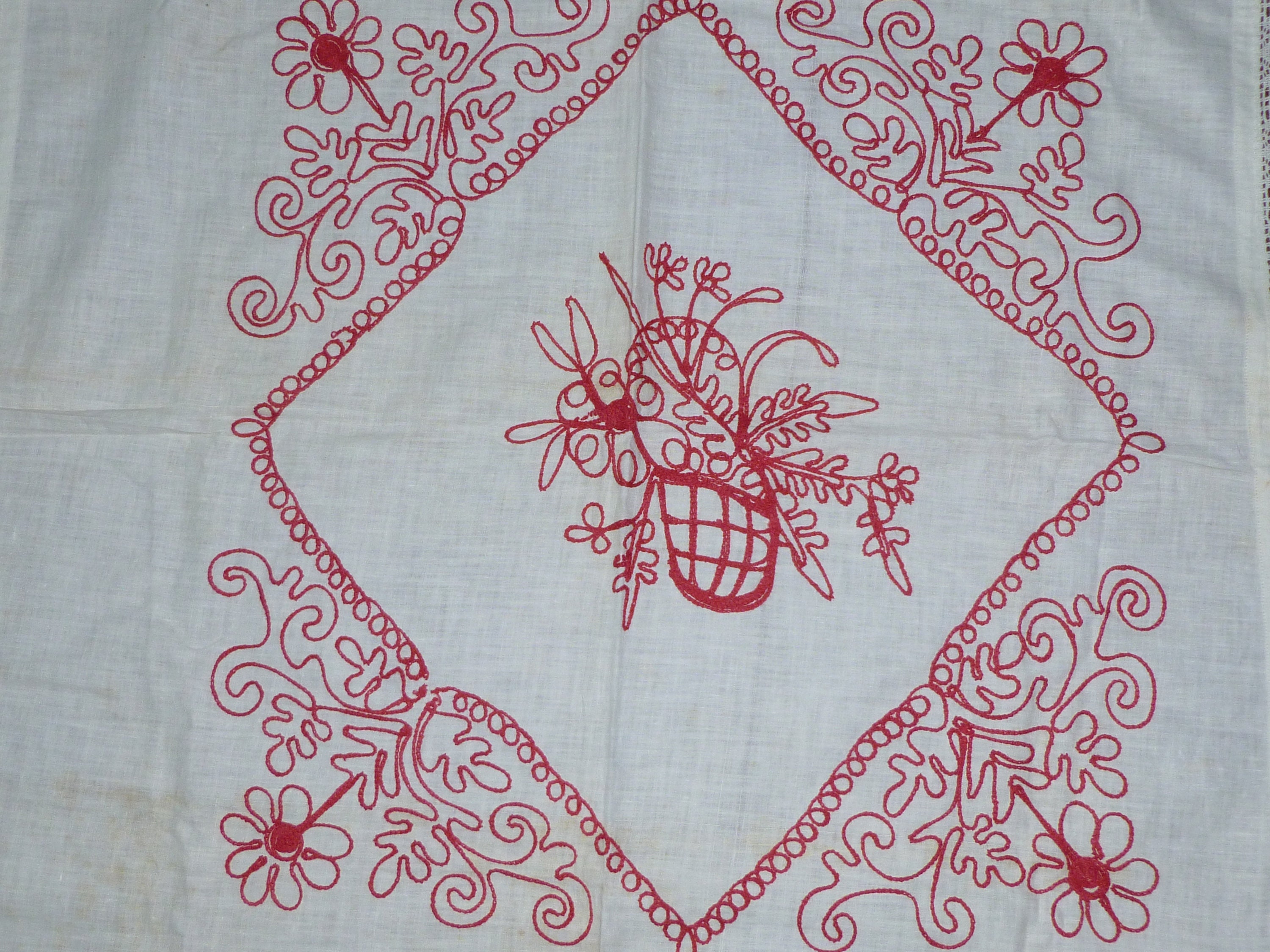 Victorian Layover Pillow Sham Red Work Hand Embroidery Flowers