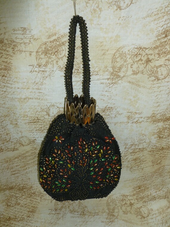 Unique ANTIQUE Beaded Purse Handbag Peacock Iride… - image 3