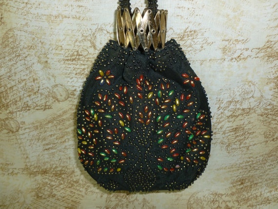 Unique ANTIQUE Beaded Purse Handbag Peacock Iride… - image 4