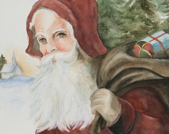 Printable santa painting. Instant download of Santa painting in watercolor. Digital download of santa painting. Watercolor santa painting