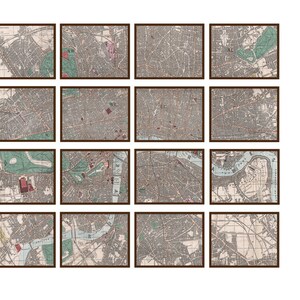 May include: A vintage map of London, England, divided into 16 sections, each framed in brown. The map is in black and white with some color accents, showing streets, parks, and landmarks.