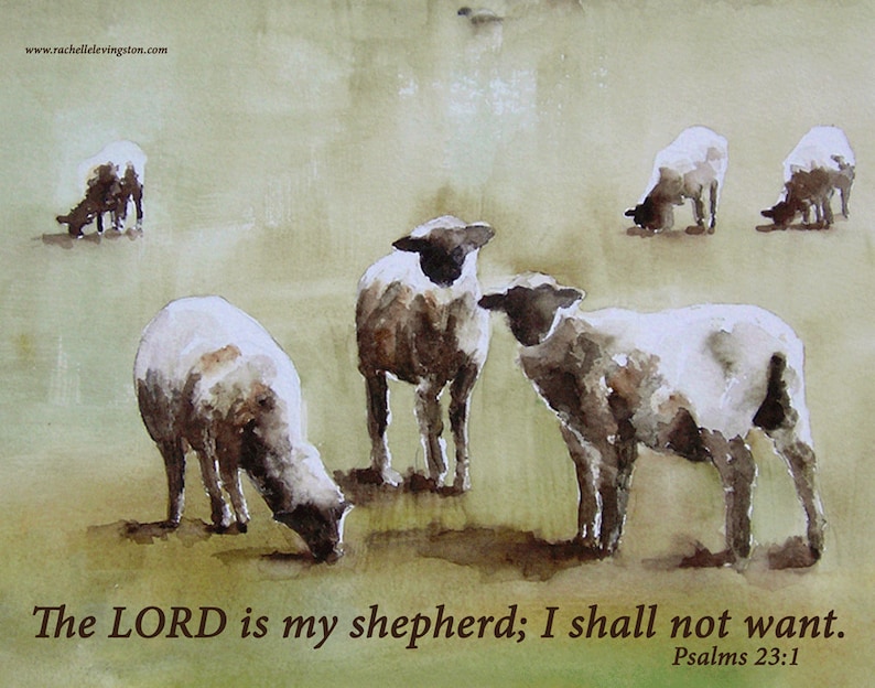 May include: Watercolour painting of a flock of sheep grazing in a field. The painting is in shades of brown and green. The text "The LORD is my shepherd; I shall not want. Psalms 23:1" is written at the bottom of the painting.