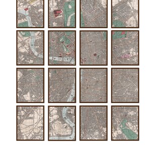 May include: A set of 16 vintage maps of London, England. Each map is framed in a brown frame and shows a different section of the city. The maps are in black and white with some color accents.