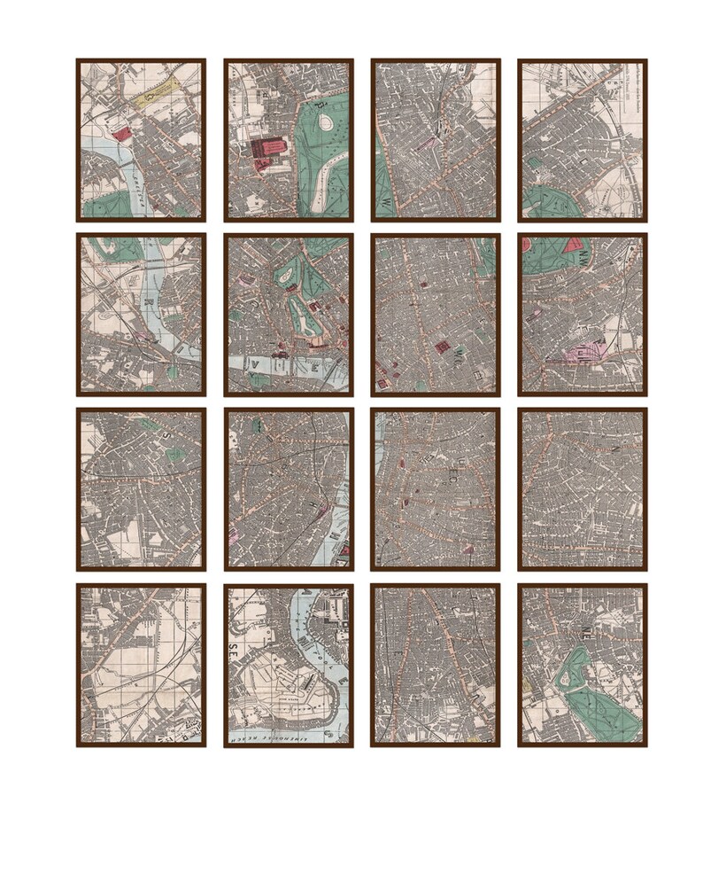 May include: A set of 16 vintage maps of London, England. Each map is framed in a brown frame and shows a different section of the city. The maps are in black and white with some color accents.