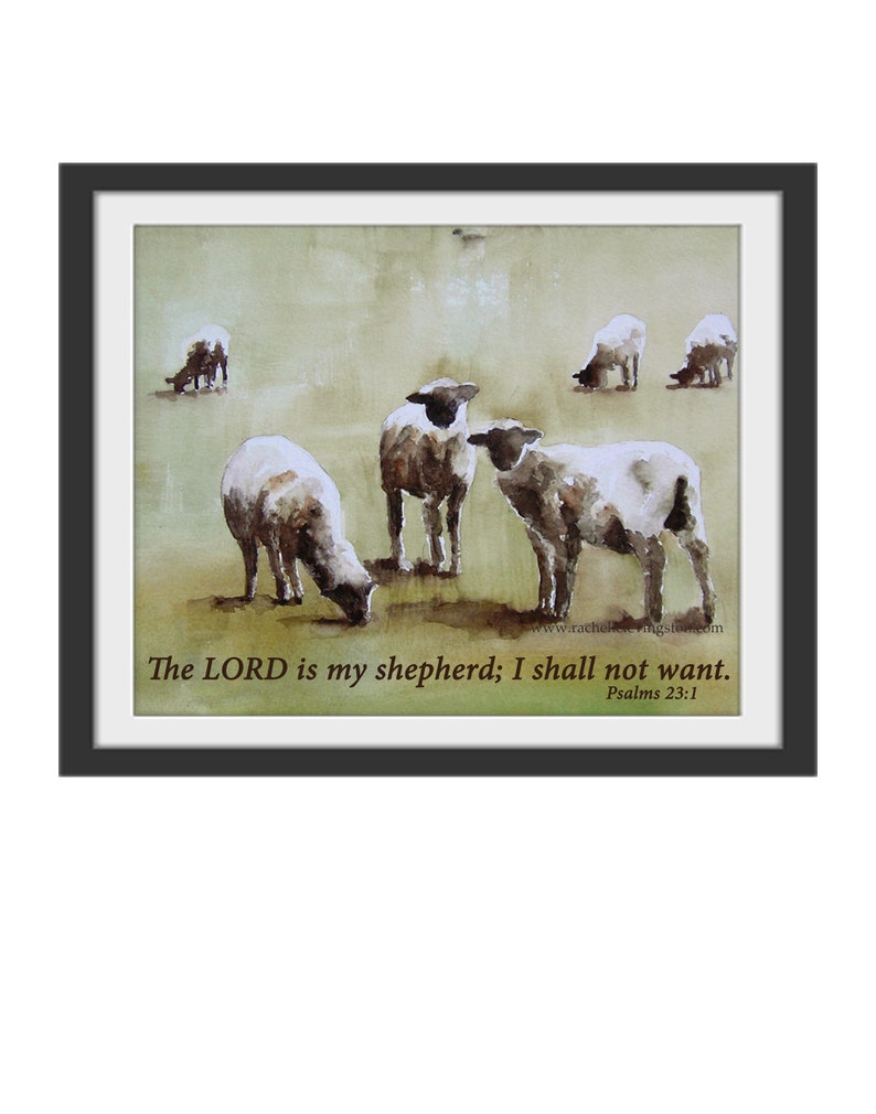 May include: A watercolour painting of a flock of sheep grazing in a field. The painting is framed in a black frame and includes the text "The LORD is my shepherd; I shall not want. Psalms 23:1".