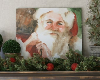 Christmas art on Canvas- Large Christmas decoration- Large Santa decoration- Watercolor Santa painting- Santa wall hanging