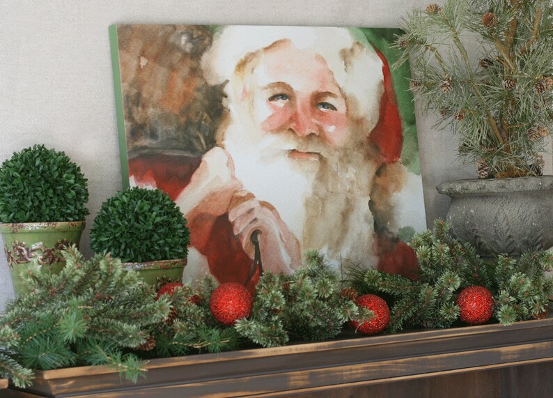 Large Santa Painting on Canvas Christmas decor Christmas wall decor-Santa decoration for christmas-Santa wall hanging watercolour image 1