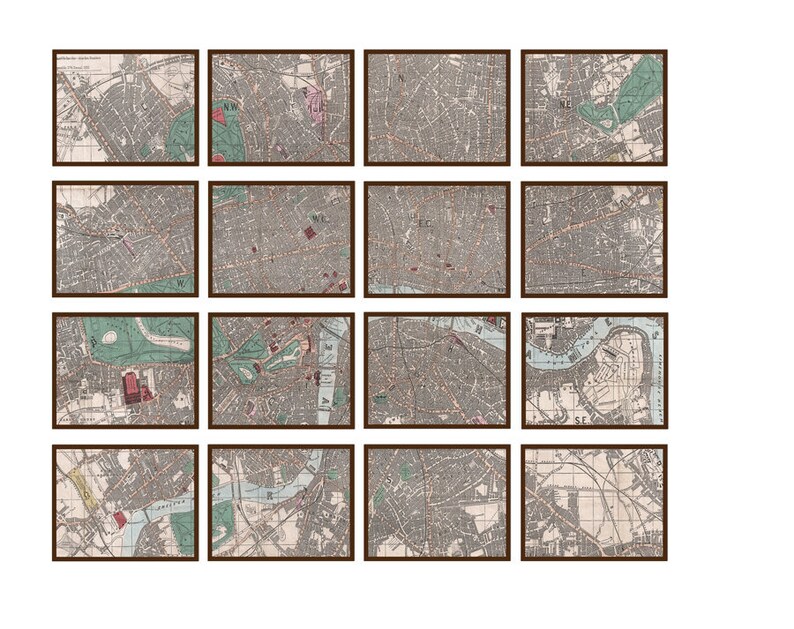 May include: A vintage map of London, England, divided into 16 sections, each framed in brown. The map is in black and white with some color accents, showing streets, parks, and landmarks.