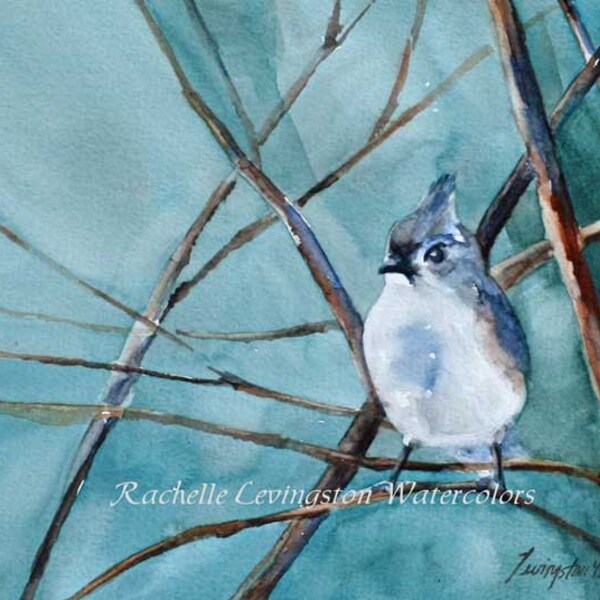 for her bird art painting bird print bird art print ATC watercolor painting of titmouse blue brown traditional SMALL Artist Trading Card