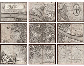 May include: A vintage map of Florence, Italy, divided into nine sections. The map is printed in black and white on a cream-colored background. The title of the map is "Pianta della Citta di Firenze".