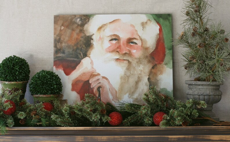 Large Santa Painting on Canvas Christmas decor Christmas wall decor-Santa decoration for christmas-Santa wall hanging watercolour image 2