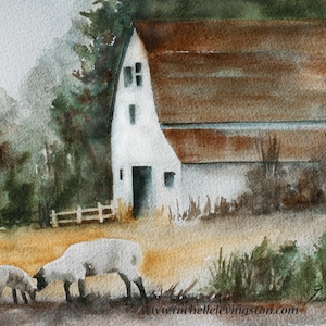 Peinture de moutons par la ferme Peinture à l'aquarelle d'agneau IMPRESSION d'art d'agneau IMPRESSION. Peinture d'agneau d'agneau. Grange blanche aquarelle automne image 1