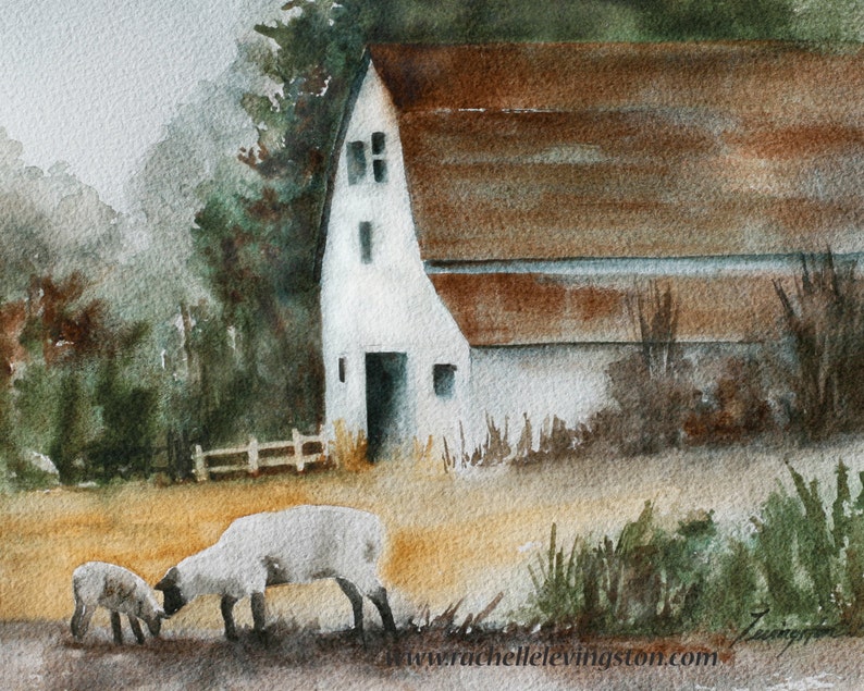 Peinture de moutons par la ferme Peinture à l'aquarelle d'agneau IMPRESSION d'art d'agneau IMPRESSION. Peinture d'agneau d'agneau. Grange blanche aquarelle automne image 1