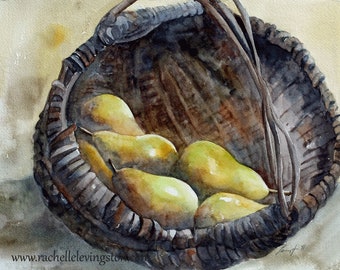 Painting of pears in Watercolor. Pear painting. Pear PRINT Kitchen wall art. Food art. Gift for gardener. painting of yellow pears in basket