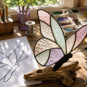 Op de afbeelding: Een vlindersculptuur van glas-in-lood met getextureerde pastelroze, groene en paarse glaspanelen verbonden door donkere metalen soldeerlijnen, gemonteerd op een stuk natuurlijk drijfhout naast een papieren vlinderpatroon.