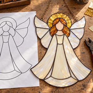May include: A stained glass angel suncatcher featuring iridescent white wings and gown, amber-colored hair, and a textured gold halo. The piece is constructed with dark metal solder lines and includes a gold-toned metal hanging chain.