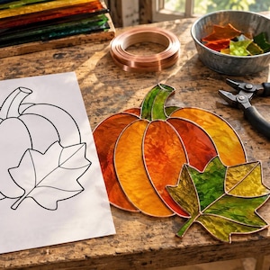 May include: A stained glass pumpkin and leaf suncatcher with orange, yellow, and green textured glass pieces joined by copper foil. Beside it lies a black and white paper pattern, a roll of copper foil tape, and metal pliers.