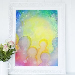 May include: Abstract watercolor painting of a group of people in shades of pink, yellow, blue, and green. The figures are silhouetted against a bright yellow background.