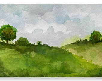 Paesaggio di campagna, colline e nuvole, stampa artistica da parete in stile vintage verde blu, dipinto ad acquerello