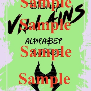 May include: A poster design featuring the text "Disney Villains Alphabet" in black and red. The background is a light green with a textured effect, set against a pale purple backdrop. A black silhouette of horns is at the bottom.