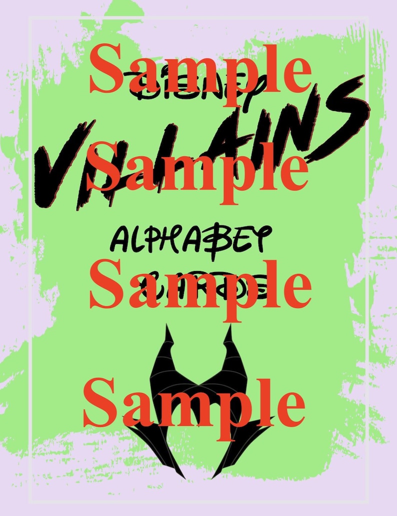 May include: A poster design featuring the text "Disney Villains Alphabet" in black and red. The background is a light green with a textured effect, set against a pale purple backdrop. A black silhouette of horns is at the bottom.