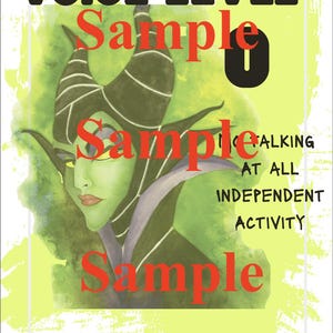 May include: A poster with a green and black illustration of a character with horns. The words "VOICE LEVEL" and "0" are at the top. The word "Sample" is written in red over the image. Text reads "Talking at all, Independent Activity, Listen well, you all!"